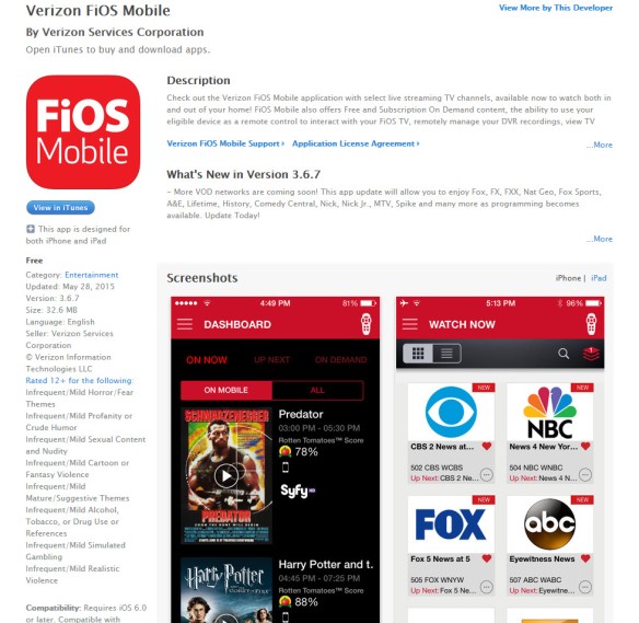 FiOS Mobile app for iPhone